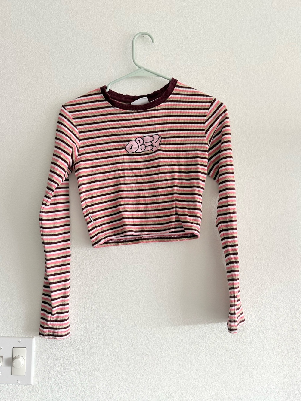 Obey Pink & Burgundy Striped Cropped Long-Sleeve Tee